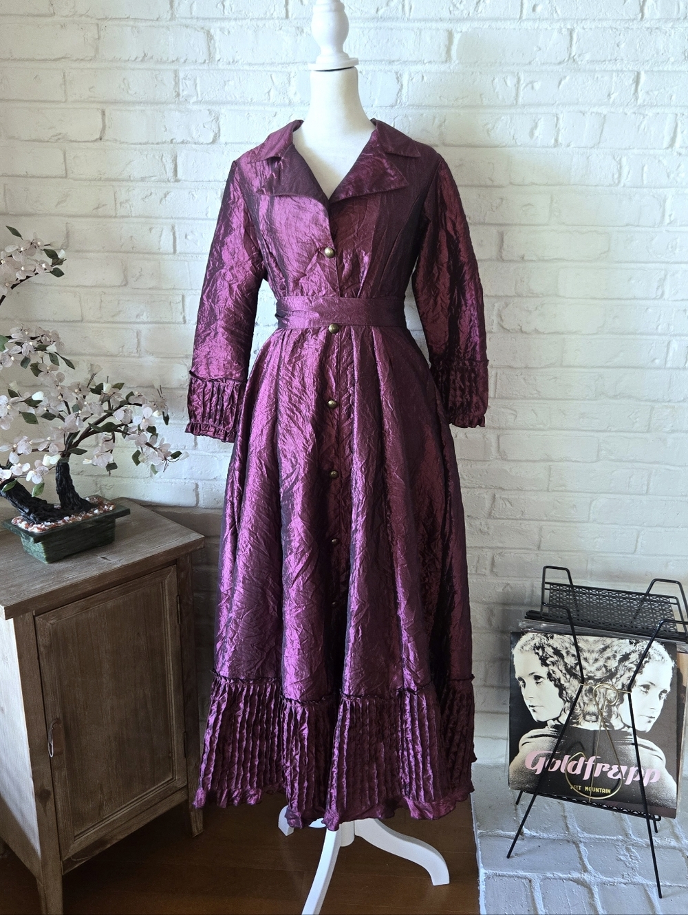 Vtg 90s Plum A Line Party Dress, S/M, Indonesia, Crinkle